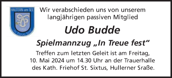 Traueranzeige von Udo Budde von Ruhr Nachrichten und Halterner Zeitung